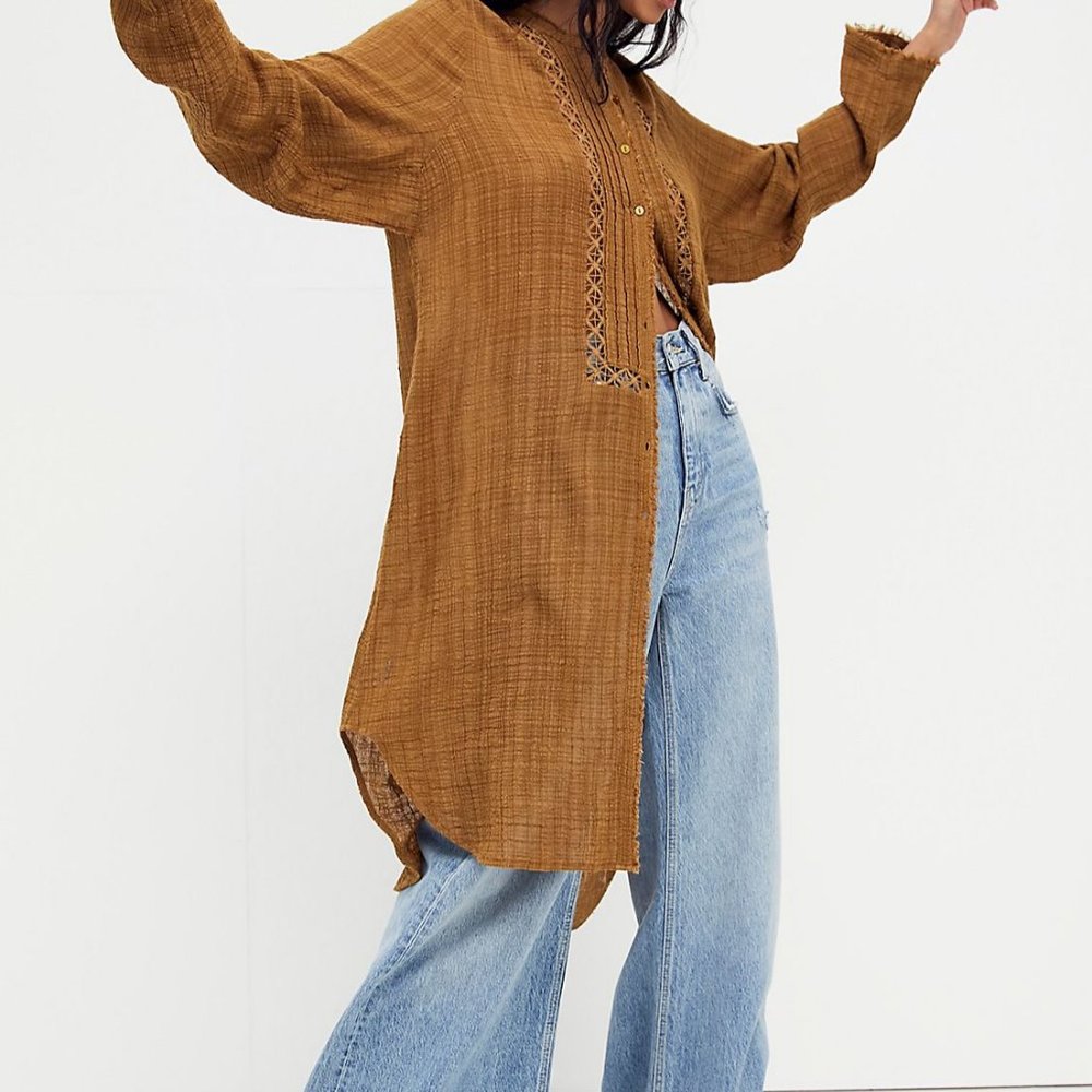 Free People One Aubin Maxi Top Button Down in Warm Tabacco Small